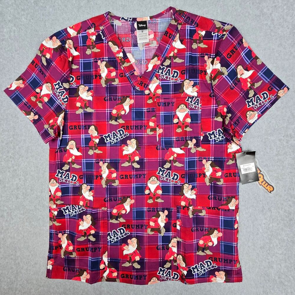 NWT Disney Mens Medium Grumpy Print 3-Pocket Scrub Top Tooniforms by Cherokee
